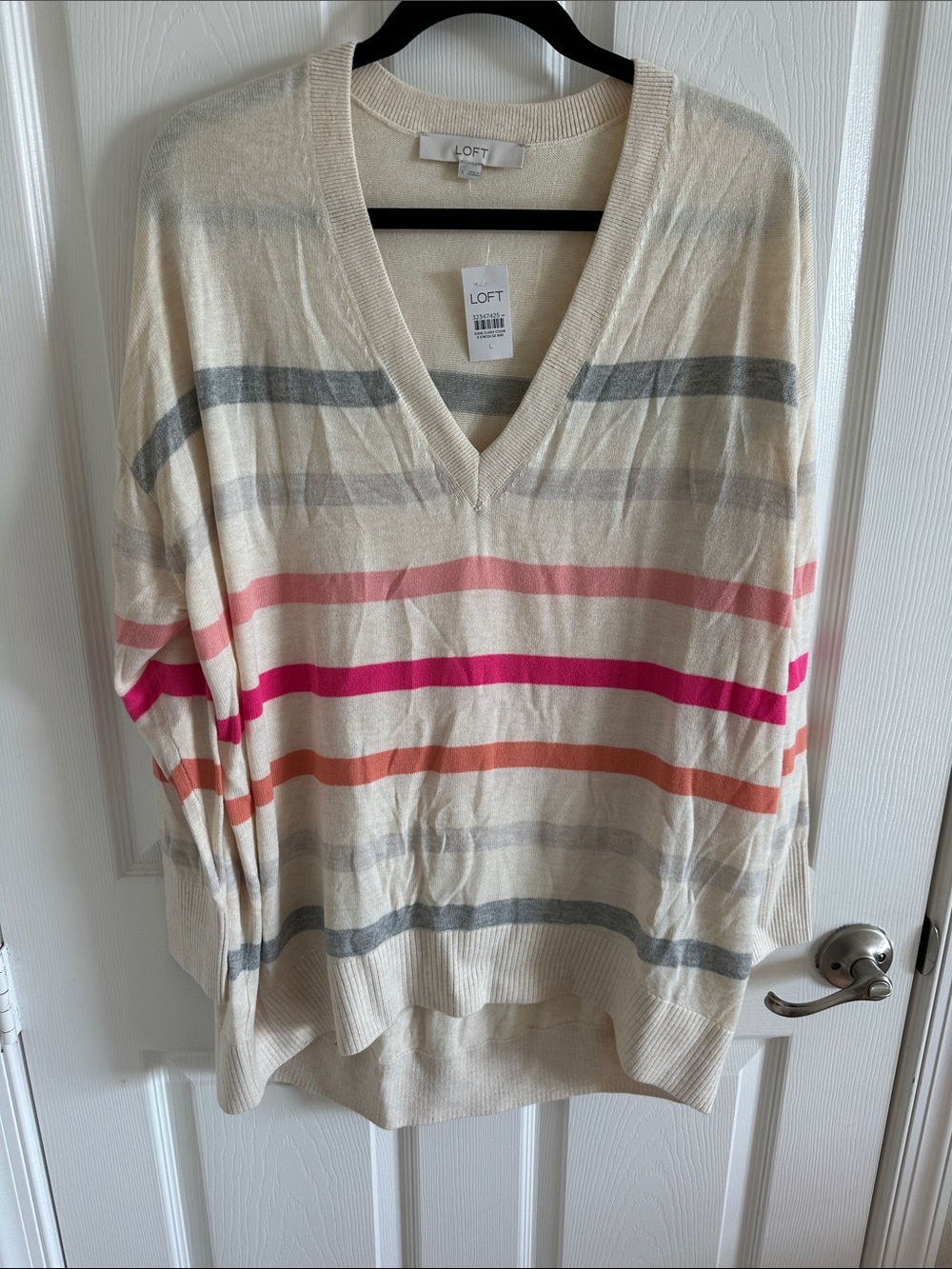 LOFT Cream V-Neck Sweater with Pink, Hot Pink & Coral Stripes